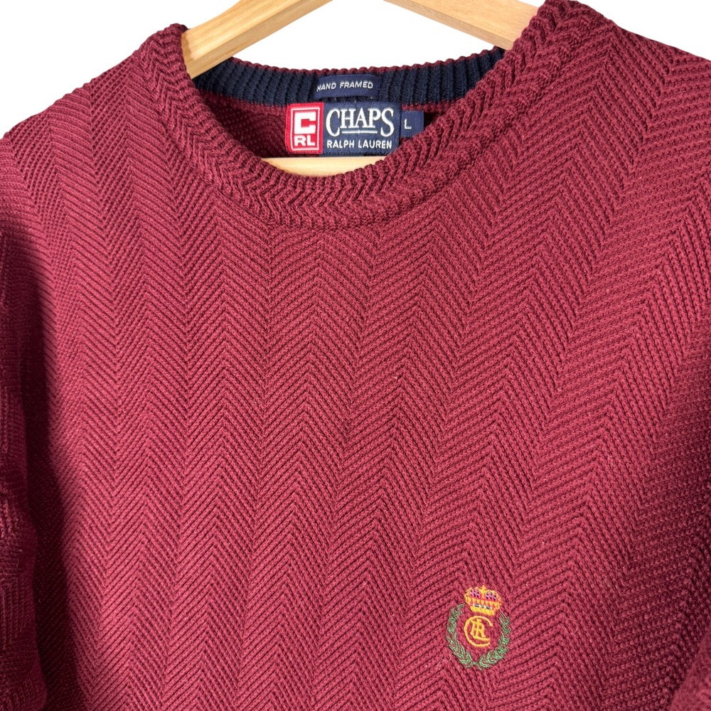 Chaps Ralph Lauren Mens Large Burgundy Herringbone Cotton Hand Framed Sweater